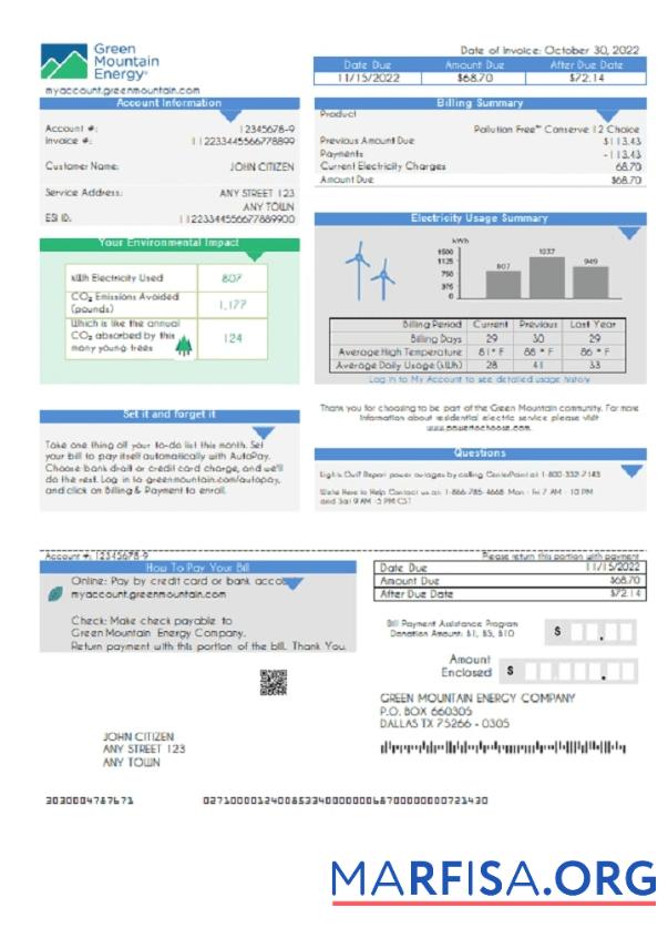Blank USA Green Mountain Energy utility bill template in Word and PDF format